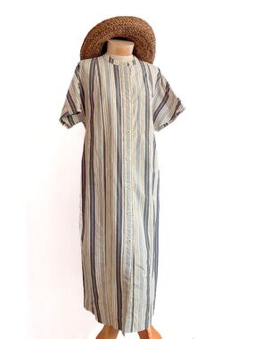 TOAST 100% Cotton Striped Button Shirt Dress w/ Pockets Tie Back Medium Minimal